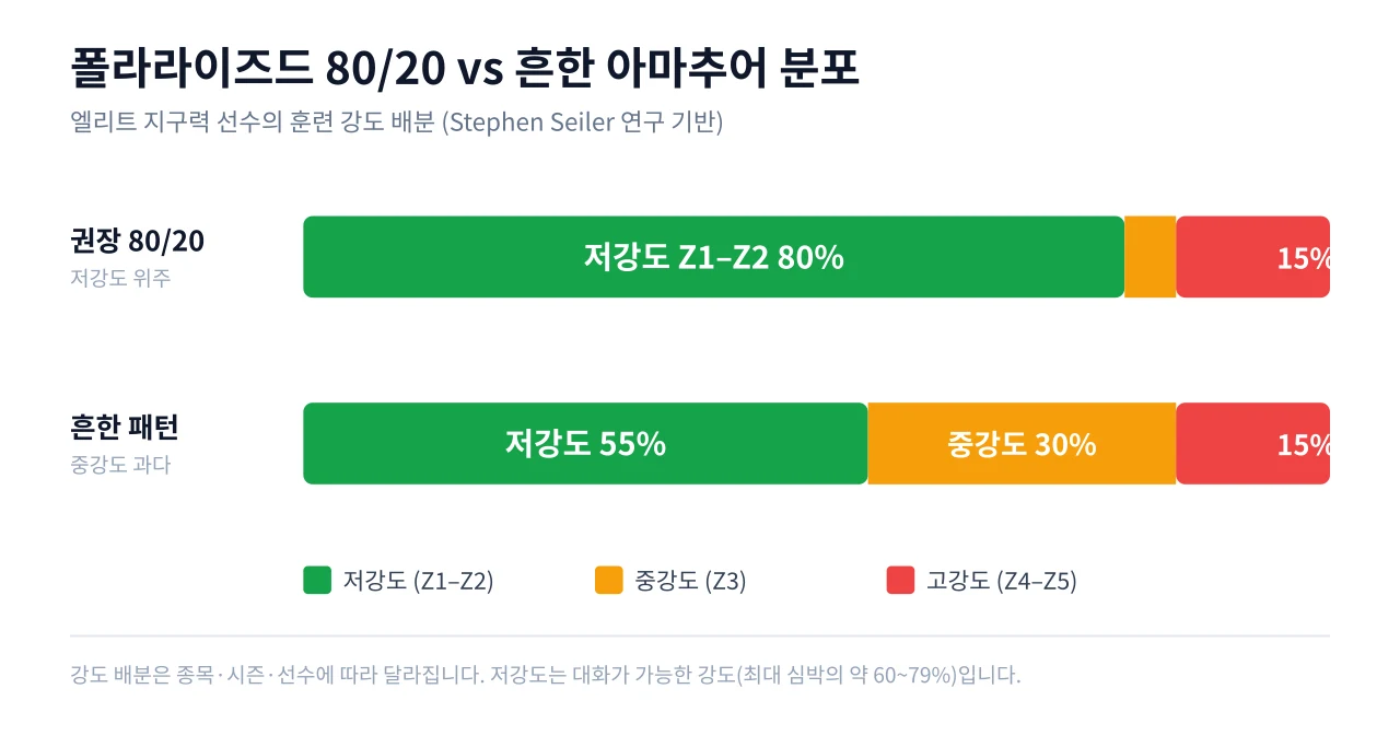폴라라이즈드 80/20 훈련 강도 분포 — 엘리트 선수는 저강도 80%, 중·고강도 20% 비율을 지킨다